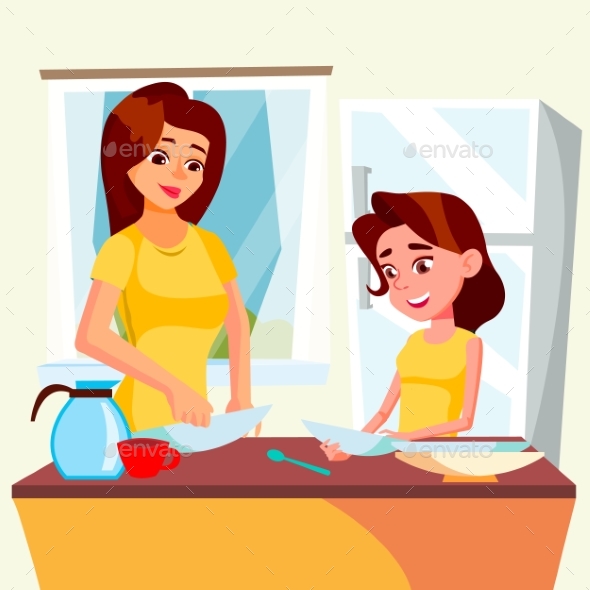 Little Girl Helping Mother Wash Dishes In Kitchen