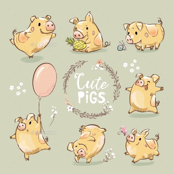 Set of Yellow Pigs in Different Poses