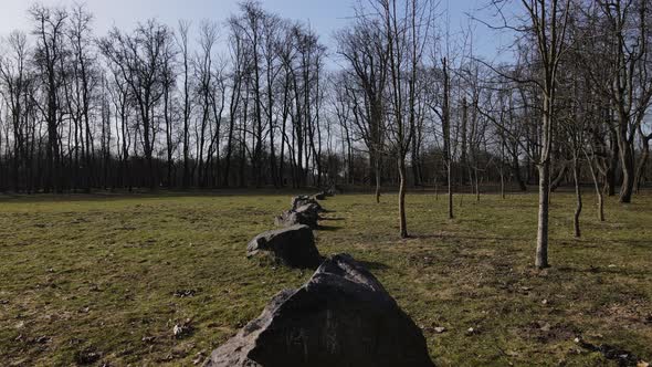 Spring In Loshitsa Park. Flying At Low Altitude Over Large Boulders In A Row.