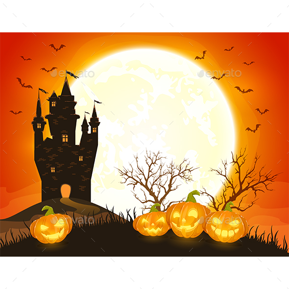 Halloween Background with Castle and Smiling Pumpkins