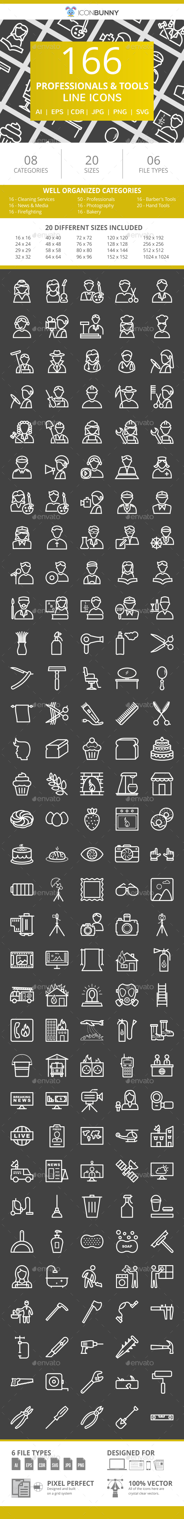 166 Professionals & their tools Line Inverted Icons