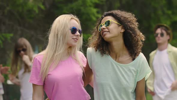 Pretty Young Women Dancing, Waving Hair, Enjoying Wonderful Life at Party