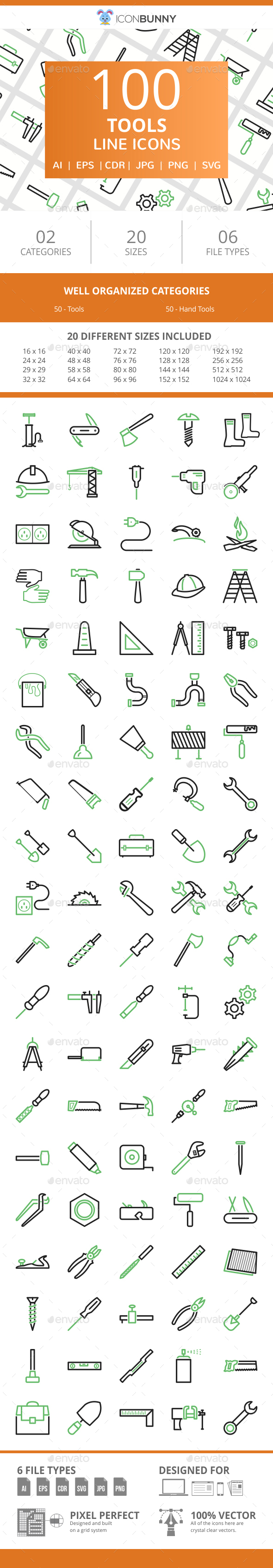 100 Tools Line Green & Black Icons