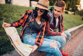 xcursion in town. Summer hiking. Hike adventure of young man and woman