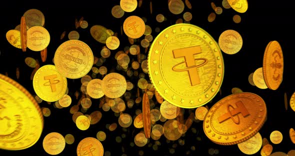 Tether cryptocurrency looped flight between golden coins