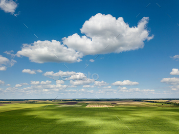 Beautiful rural lanscape with blue sky and white clouds, agricultural fields, meadows, green trees
