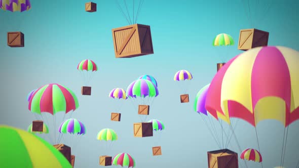A fabulous footage of colorful parachutes aerial delivering crates. Loopable. HD
