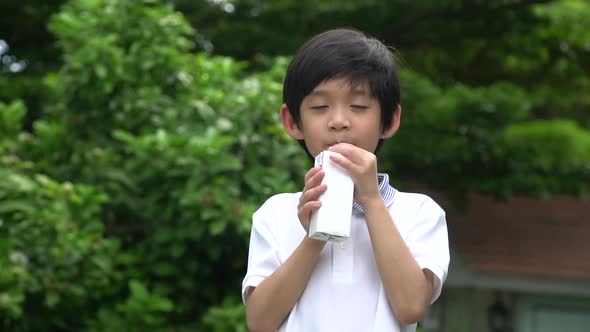 Cute Asian Child  Drinking A Carton Of Milk From A Box With A Straw