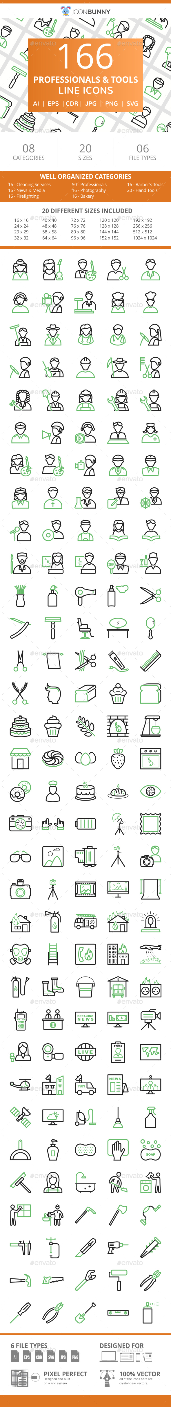 166 Professionals & their tools Line Green & Black Icons