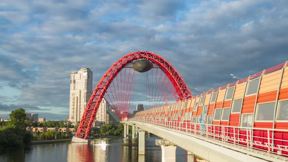 Red modern cable-stayed bridge across the river, Moscow, Russia