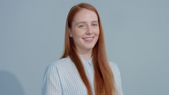 Gingerhead Red Hair, Ginger Hair Model with Blue Eyes on Blue Background