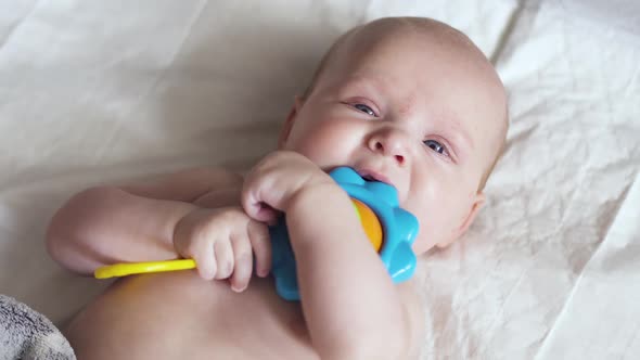 Baby Toddler Lies on Napkin on Back with a Toy in Hands and Tries To Nibble It