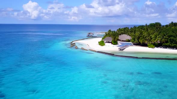 Aerial nature of resort beach journey by ocean and sand background