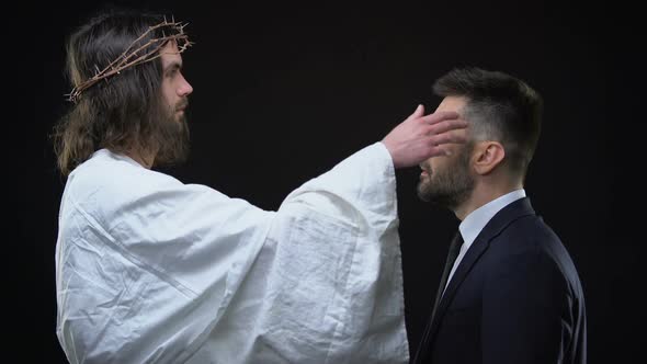 Savior Putting Hand on Male Head, Spiritual Guide, Religious Love, Helping God