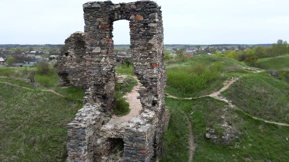 Aerial view of ruins of the castle in Gubkiv, Rivne region