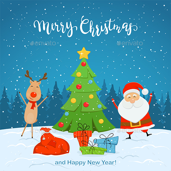 Santa Claus and Reindeer with Christmas Tree on Snowy Background
