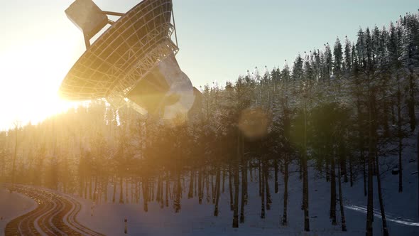 The Observatory Radio Telescope in Forest at Sunset