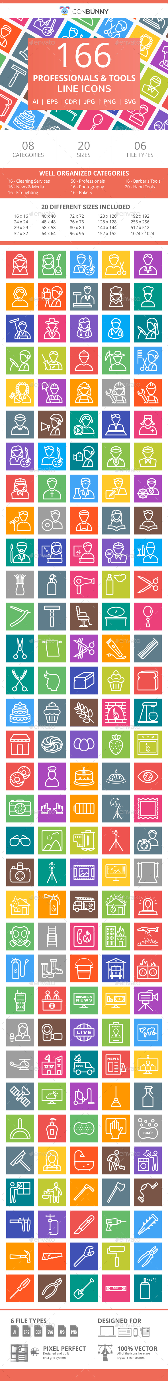 166 Professionals & their tools Line Multicolor B/G Icons