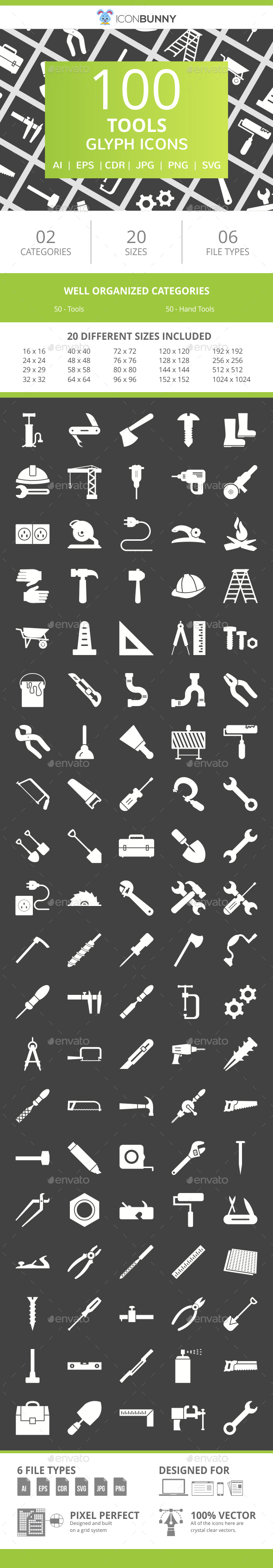 100 Tools Glyph Inverted Icons