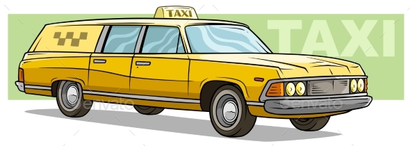 Cartoon Yellow Retro Long Taxi Car Vector Icon