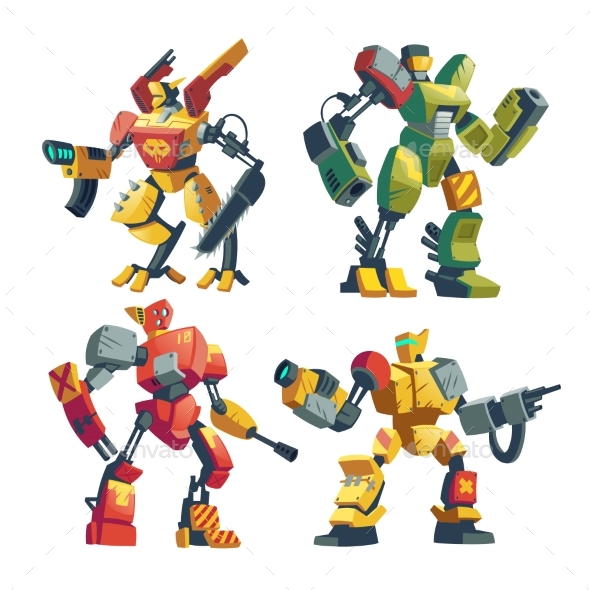 Vector Cartoon Robot Guards Futuristic Battle