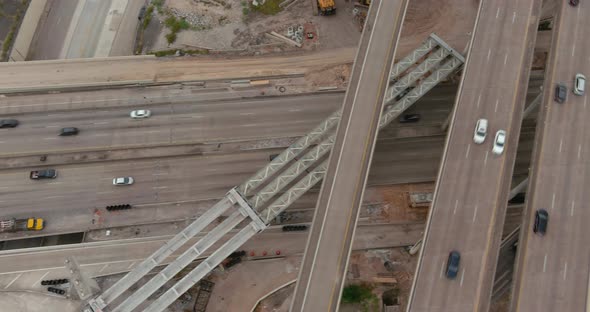 Aerial of cars on 610 and 59 South freeway in Houston, Texas