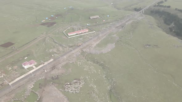 Samtskhe-Javakheti, Georgia - August 20 2021: Aerial view of Trialeti railway station