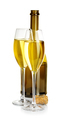 Two glasses of champagne on the background of brown bottles close-up isolated on a white. - PhotoDune Item for Sale