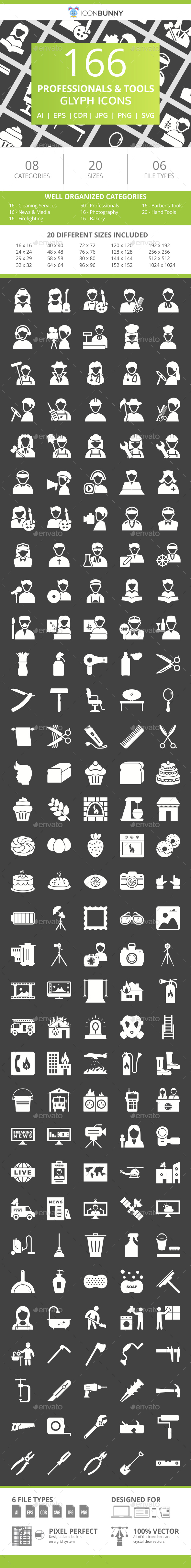 166 Professionals & their tools Glyph Inverted Icons