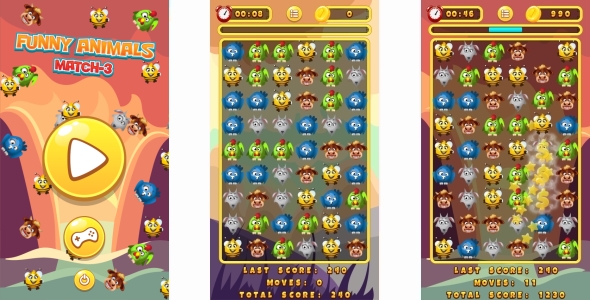Funny Animals Match-3 - HTML5 Game + Mobile Version! (Construct 3 | Construct 2 | Capx)