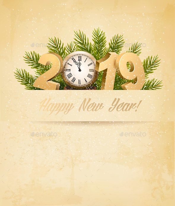 Happy New Year 2019 Background With Tree and Clock