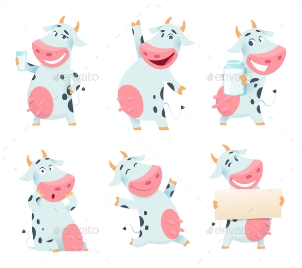 Milk Cow Animal. Cartoon Farm Character Eating