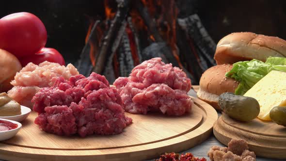 Panorama of the Raw Ingredients for Homemade Burger Preparation