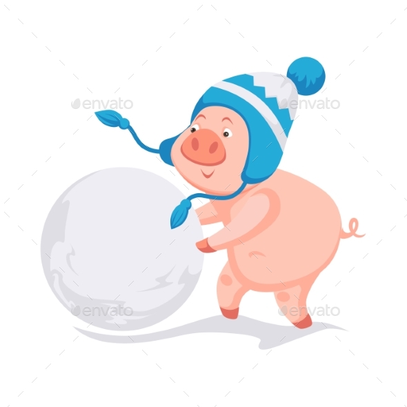 Pig Symbol of 2019 New Year Making Snowball
