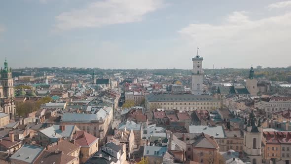 Aerial City Lviv, Ukraine. European City. Popular Areas of the City. Town Hall