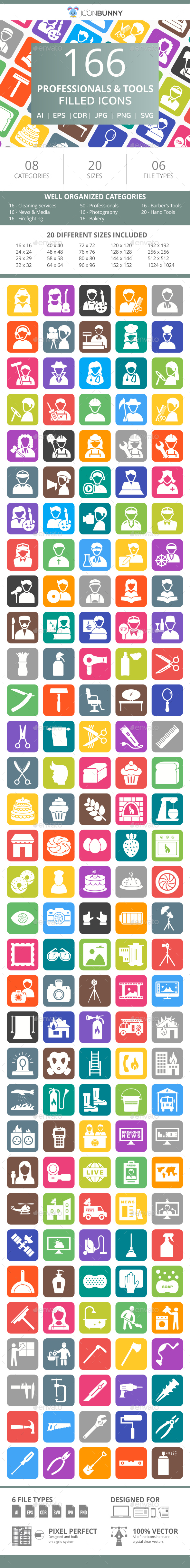 166 Professionals & their tools Filled Round Corner Icons