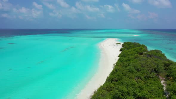 Aerial top view seascape of tranquil tourist beach lifestyle by blue ocean and white sand background