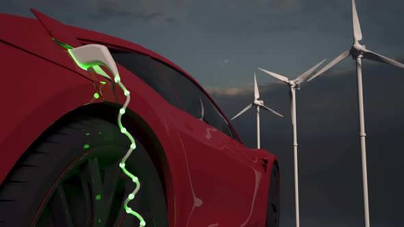 Generic electric red car charging with wind turbines in background