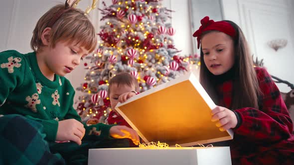 Beautiful Children Boy and Girl Playing Near Christmas Tree Opening Boxes with Presents