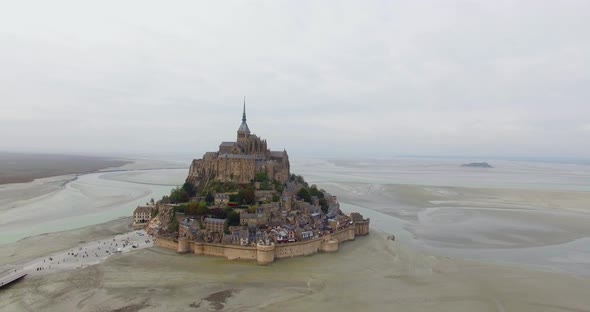 French Castle on a small island in France Le Mont Saint Michel Drone Shot Wide In Normandy Typical G