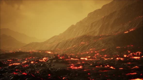 Lava Field Under Sunset Clouds on Background