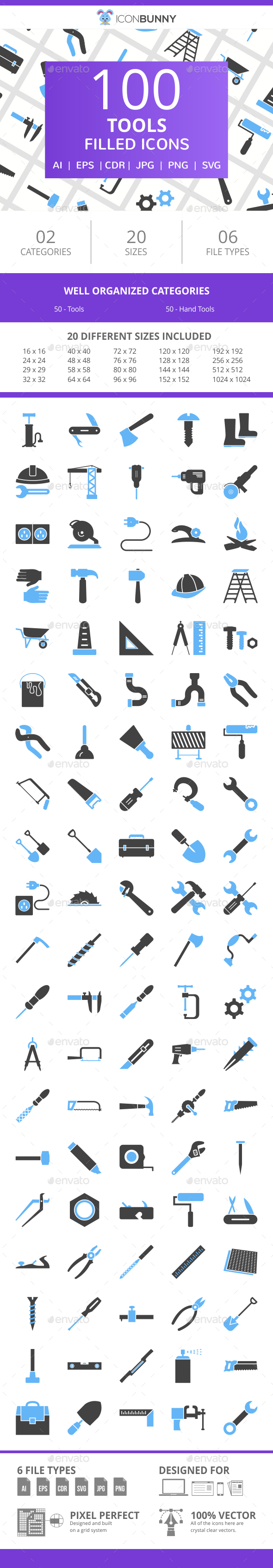 100 Tools Filled Blue & Black Icons