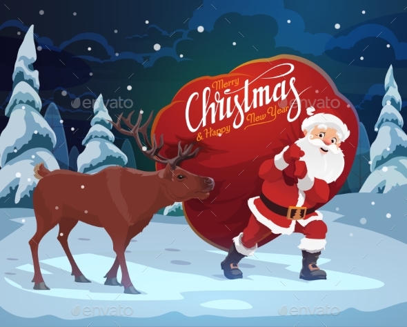 Santa Claus, Christmas Reindeer and Gift Bag
