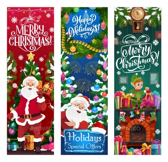 Santa, Elf and Gifts. Christmas Sale Vector Offer