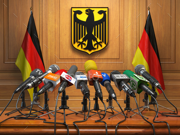 ier minister of Germany concept,. Podium speaker tribune with Germany flags and coat arms. 3d illustration