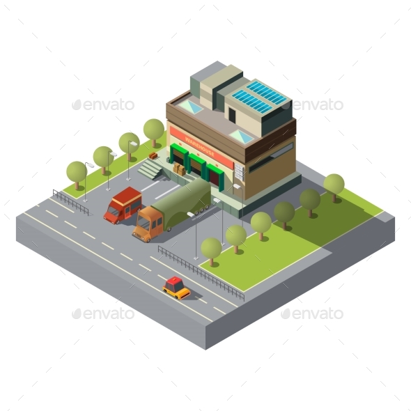 Warehouse with Cargo Cars 3d Isometric Vector