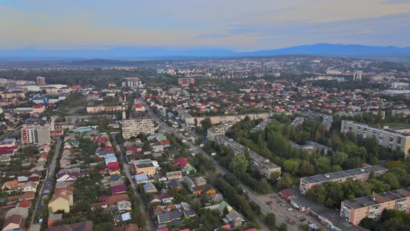 Uzhgorod City Landscape with Houses Roofs Neighborhood with Trees Homes in Aerial Drone View on in