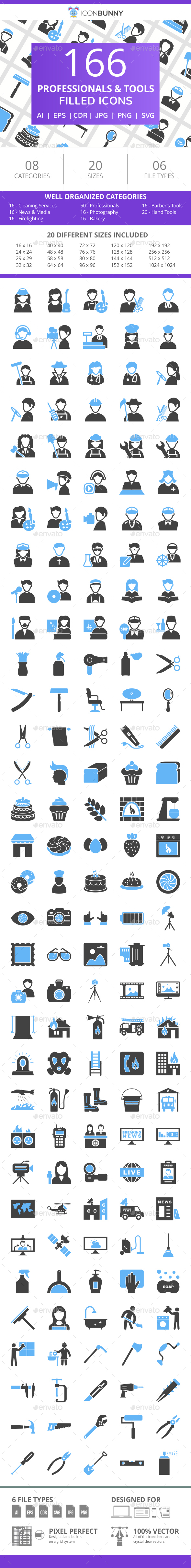 166 Professionals & their tools Filled Blue & Black Icons