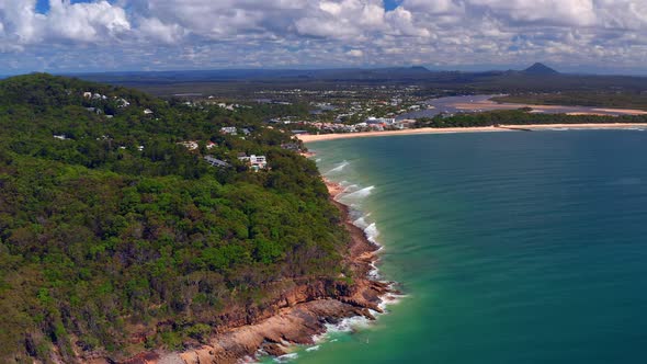 Aerial View Noosa National Park And Noosa Heads Coastal Town In Queensland, Australia.