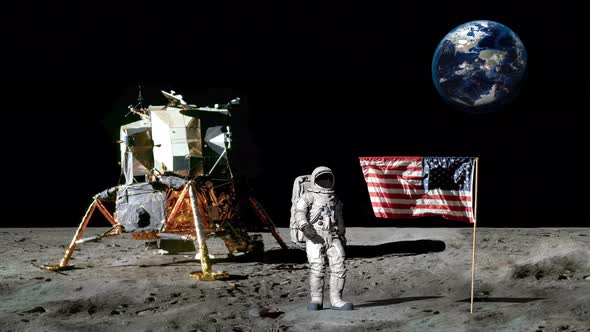 Astronaut Walking On The Moon And Saluting The American Flag alt